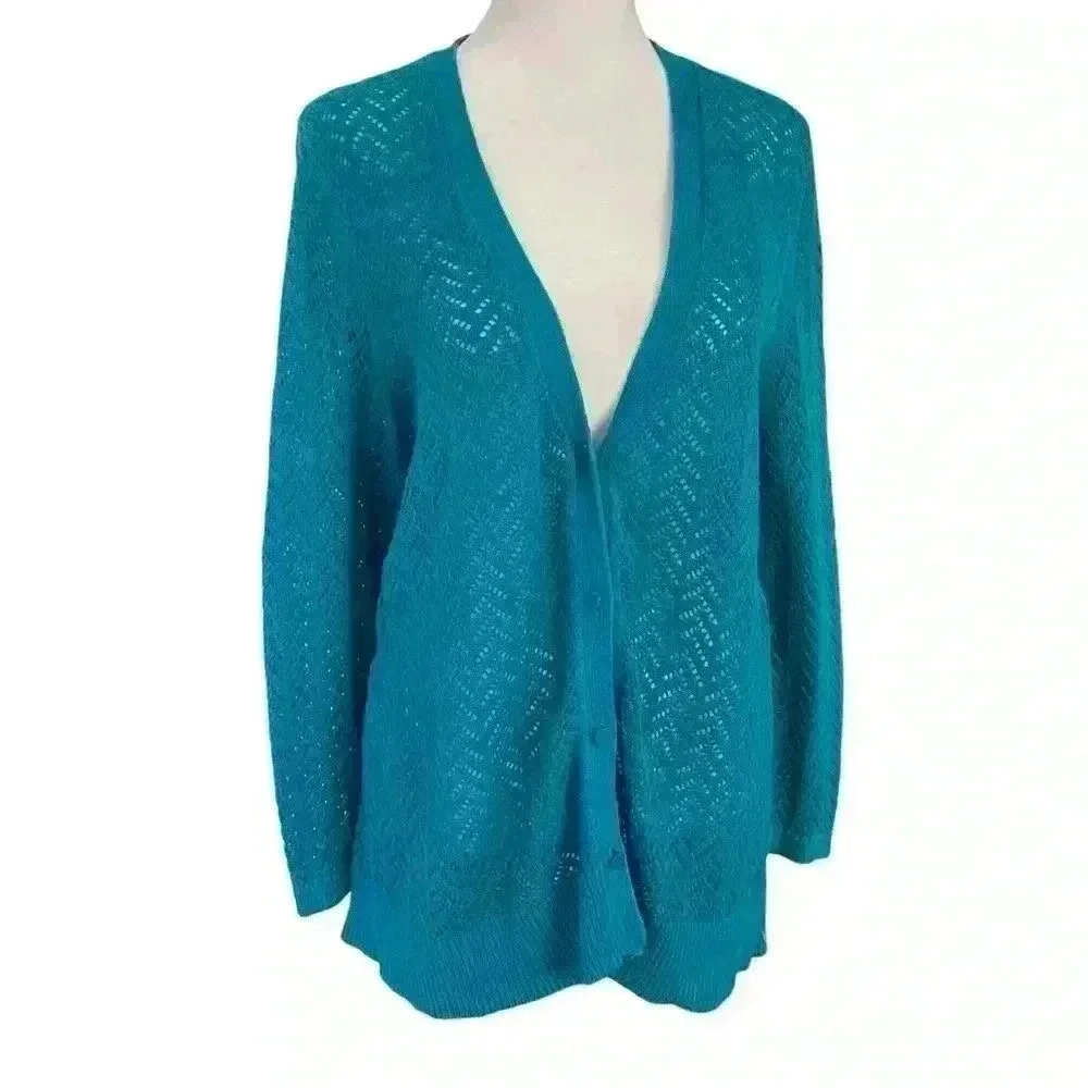 Ann Taylor Open Knit Crochet Cardigan Size L Teal V neck Lightweight Casual Fall - Picture 2 of 9